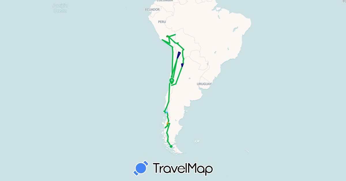 TravelMap itinerary: driving, bus, hiking, boat, hitchhiking in Argentina, Bolivia, Chile, Peru (South America)